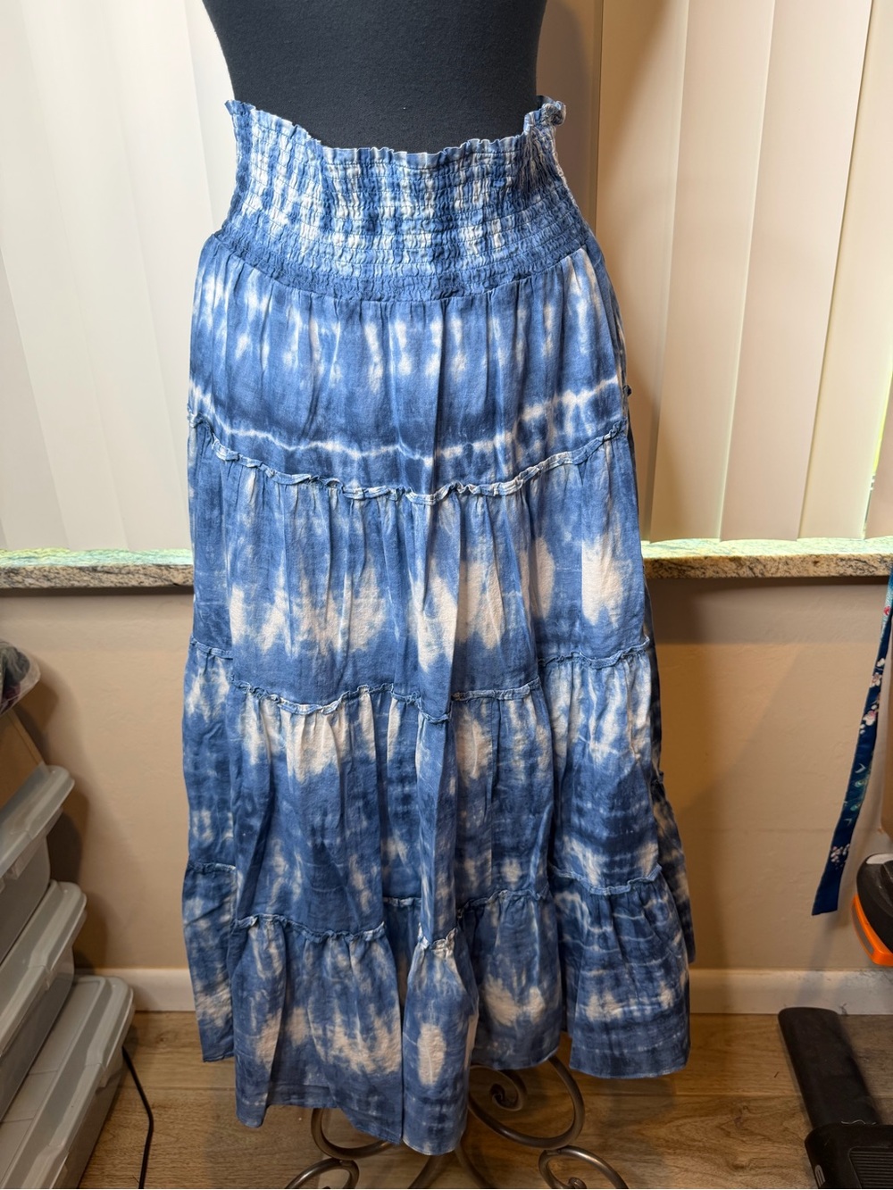 Lauren Ralph Lauren Blue Tie-Dye Tiered Cotton Boho Maxi Skirt Size Large